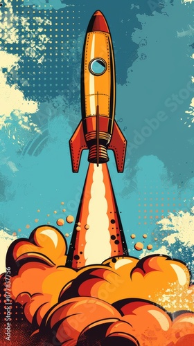 Pop Art Rocketry: A Dynamic Pop Art Style Depiction of a Rocket Launch, Capturing the Thrill of Space Exploration. photo