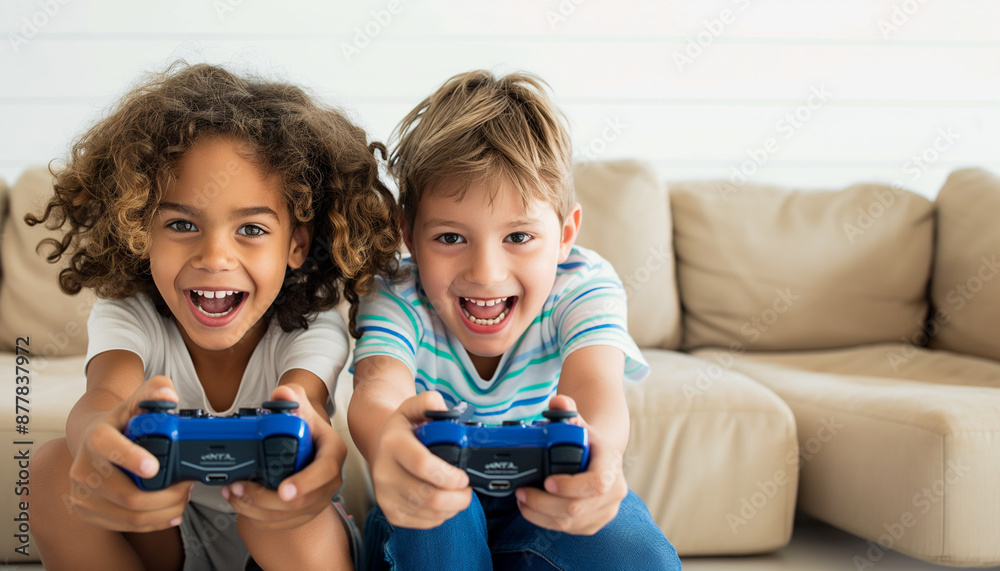 Kids playing video games, summer break, spring break, back to school, copy space, Generative AI. Kids playing video games, summer break, spring break, back to school, copy space, Generative AI.
