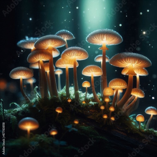 A captivating close-up shot of glowing mushrooms illuminating the depths of a dark, mysterious forest. The mushrooms emit a soft, otherworldly glow, casting eerie shadows on the damp forest floor.  © riko2022