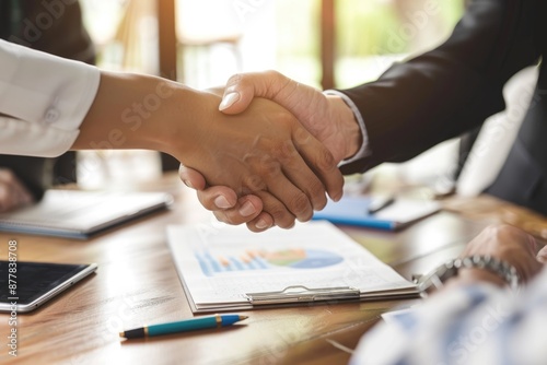 Middle-aged couple shaking hands with their financial planner after successfully discussing and finalizing their retirement plans.