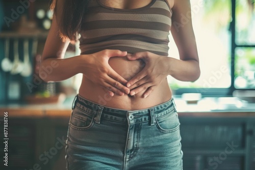 Tender Embrace: A Slender Woman Nurturing Life with a Hand-Shaped Heart Caressing Her Pregnant Belly. photo