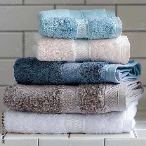 Stacked Towels for Serenity: A Neat Pile of Bath Towels Exuding the Warmth and Comfort of a Relaxing Retreat photo