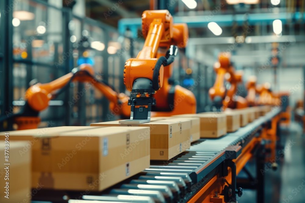 orange robotic arms transferring carton boxes along a conveyor belt in a contemporary factory. orange robotic arms transferring carton boxes along a conveyor belt in a contemporary factory.