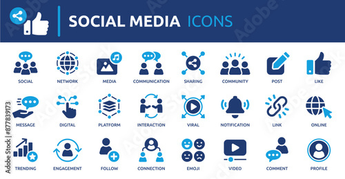 Social media icon set. Containing like, message, profile, social network, video, comment, sharing, media and more. Solid vector icons collection. photo