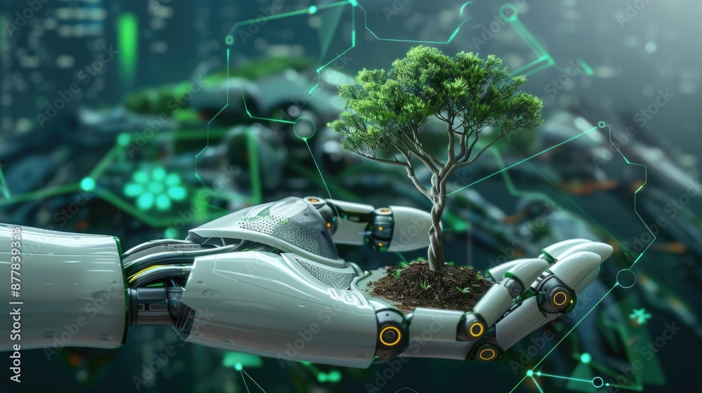 A robotic AI hand holding a holographic small tree, with a futuristic digital background illustrating environmental conservation A robotic AI hand holding a holographic small tree, with a futuristic digital background illustrating environmental conservation