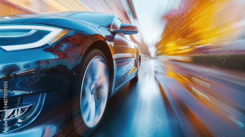 Close-up of an electric car in motion, captured with a blurred background to emphasize speed and eco-friendly technology