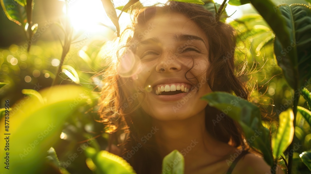 Close-up of a beautiful girl smiling joyfully while standing in a tea plantation, with sunlight filtering through the leaves and illuminating her face Close-up of a beautiful girl smiling joyfully while standing in a tea plantation, with sunlight filtering through the leaves and illuminating her face