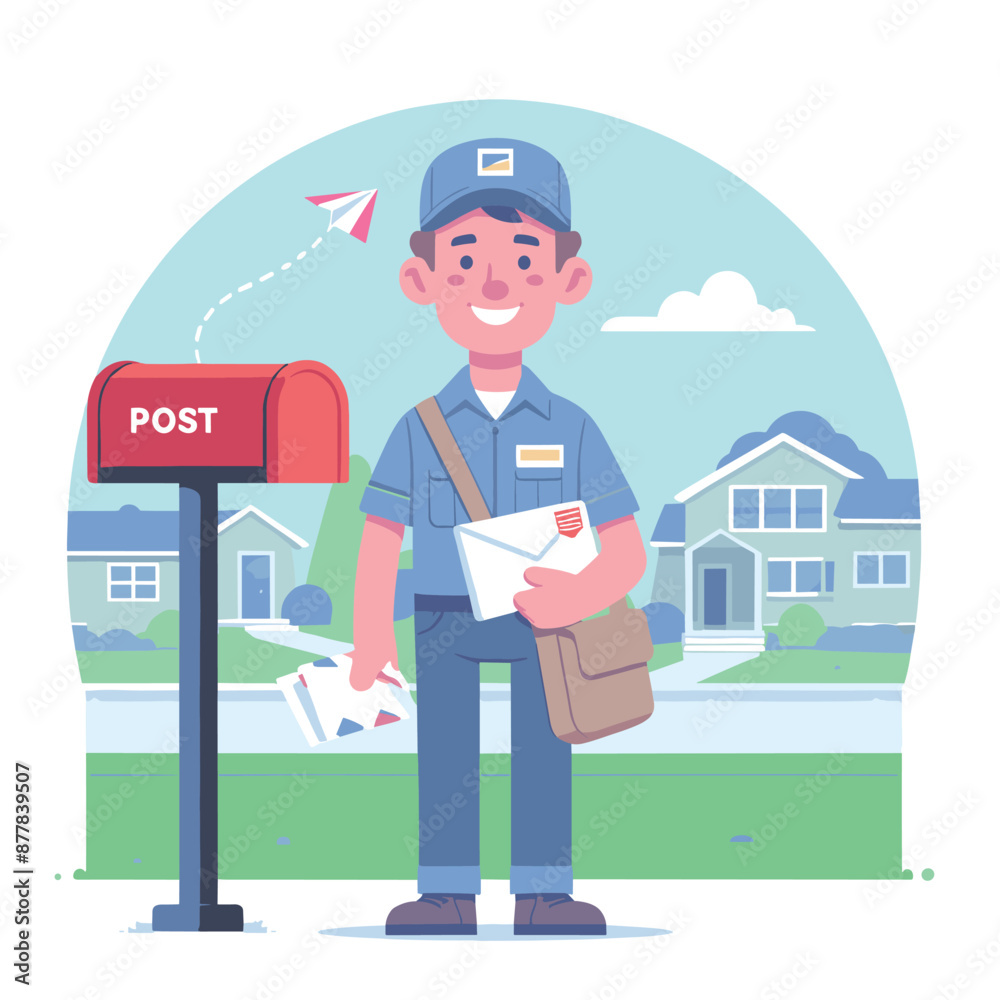 Smiling Mailman Delivering Letters in Neighborhood. Smiling Mailman Delivering Letters in Neighborhood.