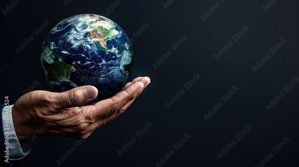 Close-up of a businessman hand holding a hologram globe, conveying global marketing and connectivity, with a real photo and a solid black background Close-up of a businessman hand holding a hologram globe, conveying global marketing and connectivity, with a real photo and a solid black background