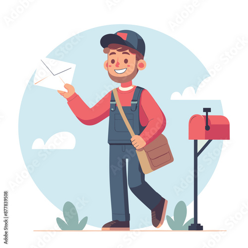 Smiling Mailman Delivering Letters in Neighborhood.