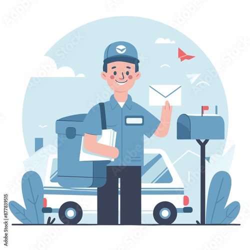Smiling Mailman Delivering Letters in Neighborhood.