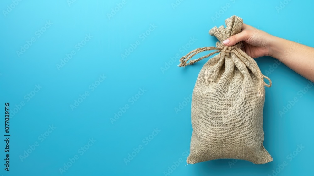 Hand holding a money sack against a solid blue background with ample copy space on the right side Hand holding a money sack against a solid blue background with ample copy space on the right side