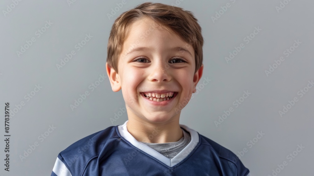 Boy in a football jersey, smiling with a solid grey background and clear copy space above him