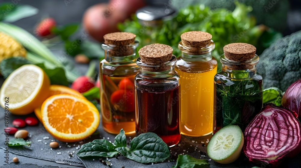 Arrangement of Vegetable Extract Liquids and Fresh Produce on a Wooden Table Arrangement of Vegetable Extract Liquids and Fresh Produce on a Wooden Table