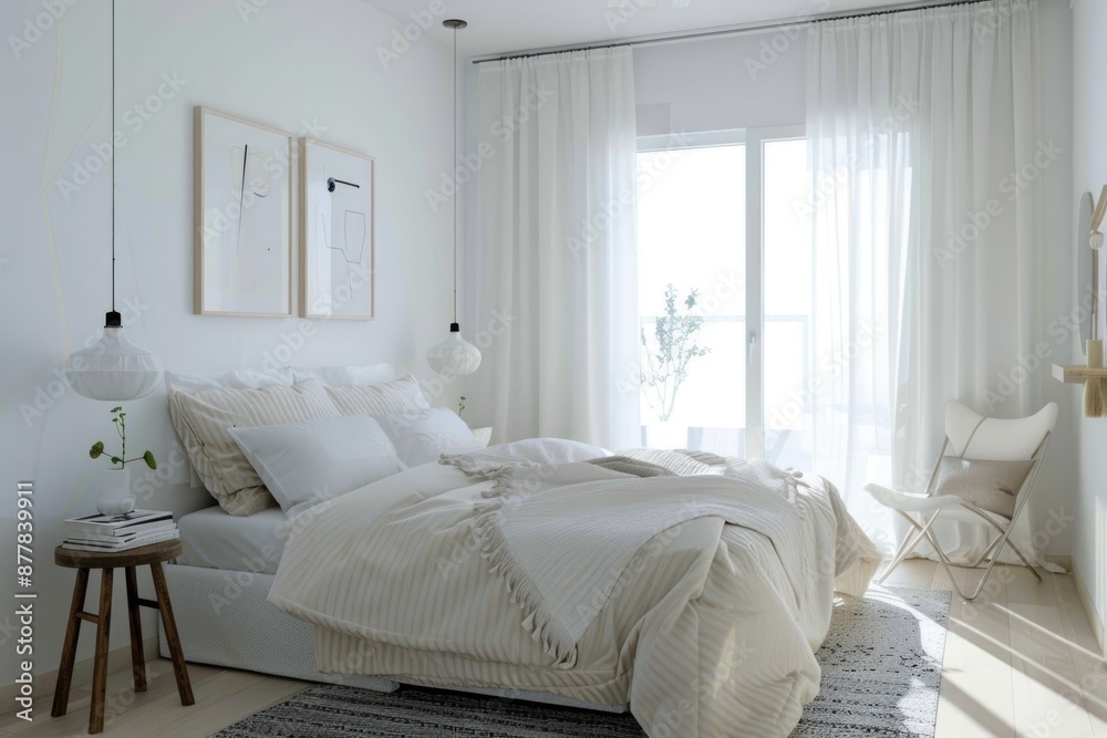 Fototapeta premium Modern white bedroom with minimal decor, cozy elements, and bright ambiance