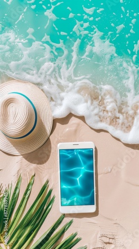 Sunny Summer Beach Delight: Isolated Display of a Beach Hat, Refreshing Water, and a Smartphone on a Summery Sand Background. photo