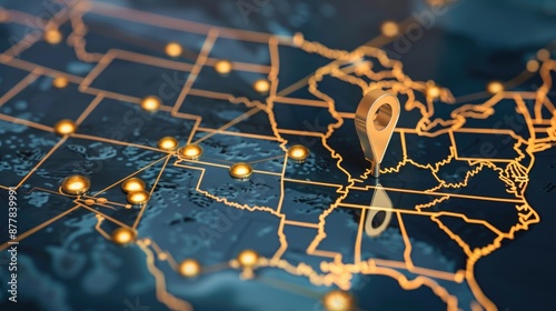 Sleek digital map of the USA with a gold location pin icon, focusing on global marketing efforts and international business.