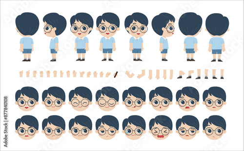 Mascot creation kit of little boy for different poses . Vector constructor with various views, emotions, poses and gestures. Schoolgirl character creation set.