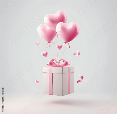 Romantic floating gift box with heart-shaped balloons, pastel colors, and soft lighting, creating a dreamy, magical atmosphere for celebrations and special occasions. 