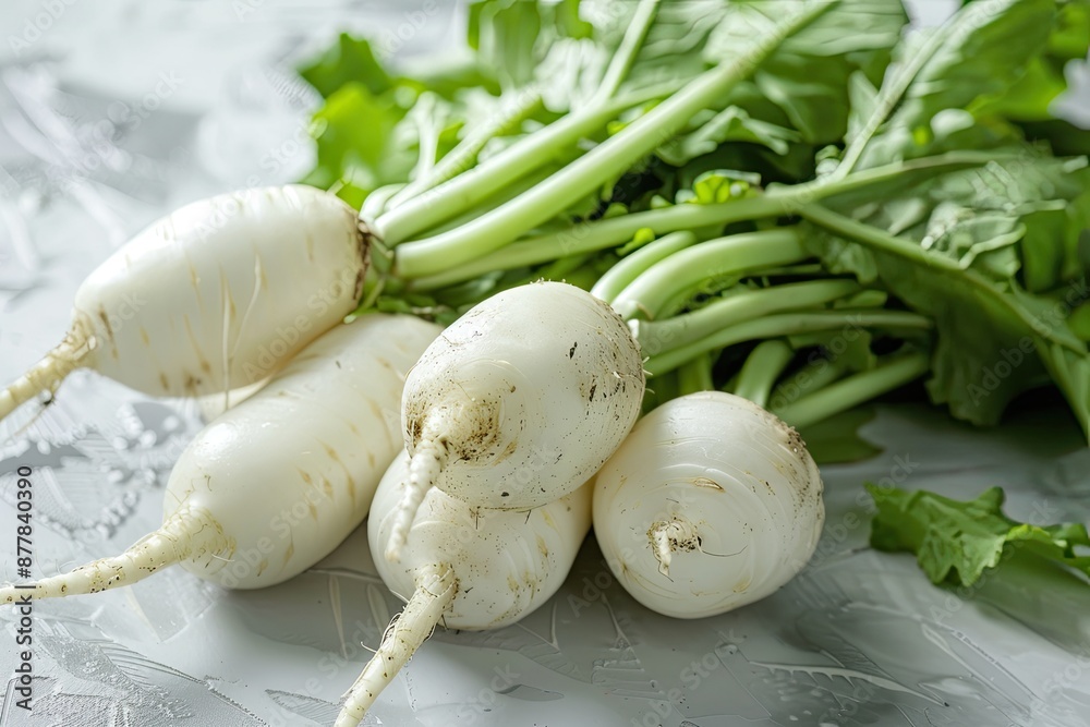 Freshly harvested white radishes with green leaves on a table Freshly harvested white radishes with green leaves on a table