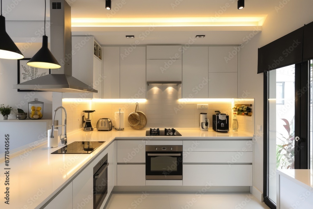 Minimal white kitchen featuring cozy lighting and modern elements