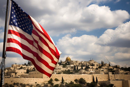 American and Israeli flags in Jerusalem, Israel