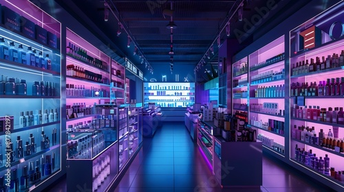 Futuristic Cosmetics Store Interior with Black Friday Sales Display © Everything by Rachan