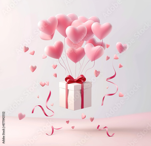 Stylish pink gift box with heart balloons, a charming flat design vector illustration for valentines and anniversary moments.