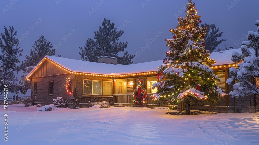 Snowy ranch house with Christmas lights strung along the roofline and a decorated pine tree in the front yard Snowy ranch house with Christmas lights strung along the roofline and a decorated pine tree in the front yard