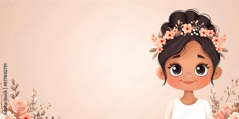 A girl with a flower crown on her head. The background is pink and the girl is smiling A girl with a flower crown on her head. The background is pink and the girl is smiling