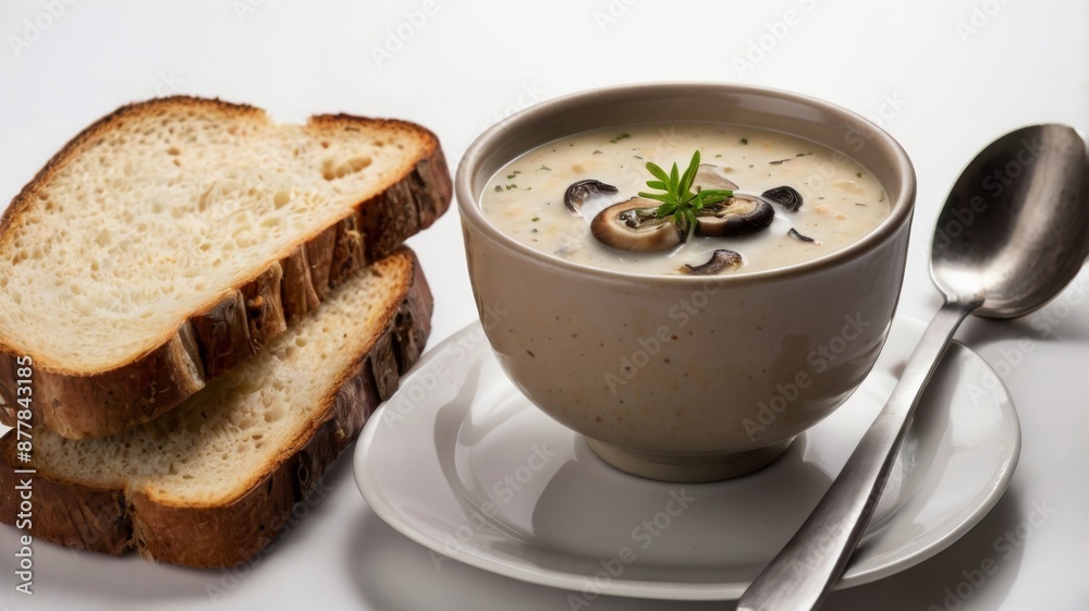 Mushroom soup and dry bread on white background, raw available Mushroom soup and dry bread on white background, raw available