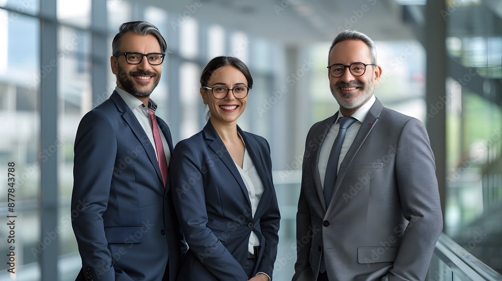 Three business professionals smiling in modern office setting