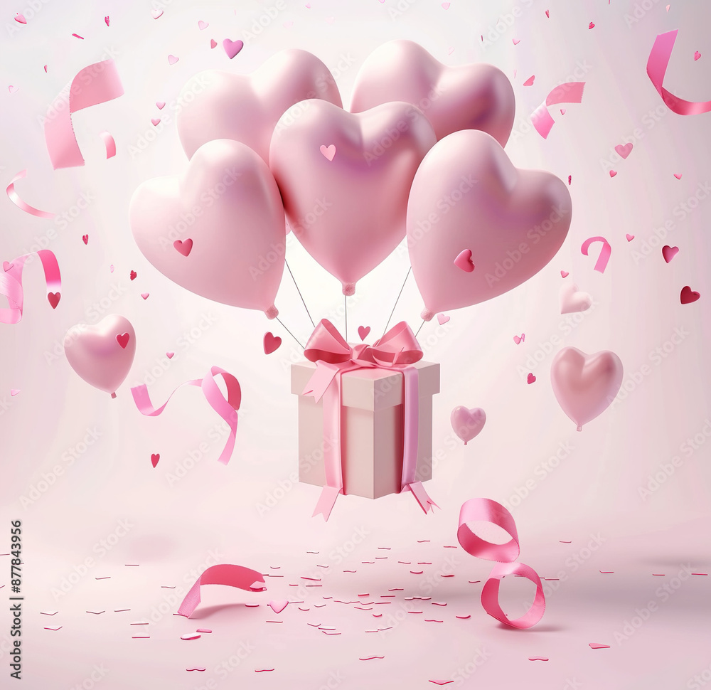 Celestial gift box with heart-shaped balloons, a dreamy vector design in soft pastels for special moments. Celestial gift box with heart-shaped balloons, a dreamy vector design in soft pastels for special moments.