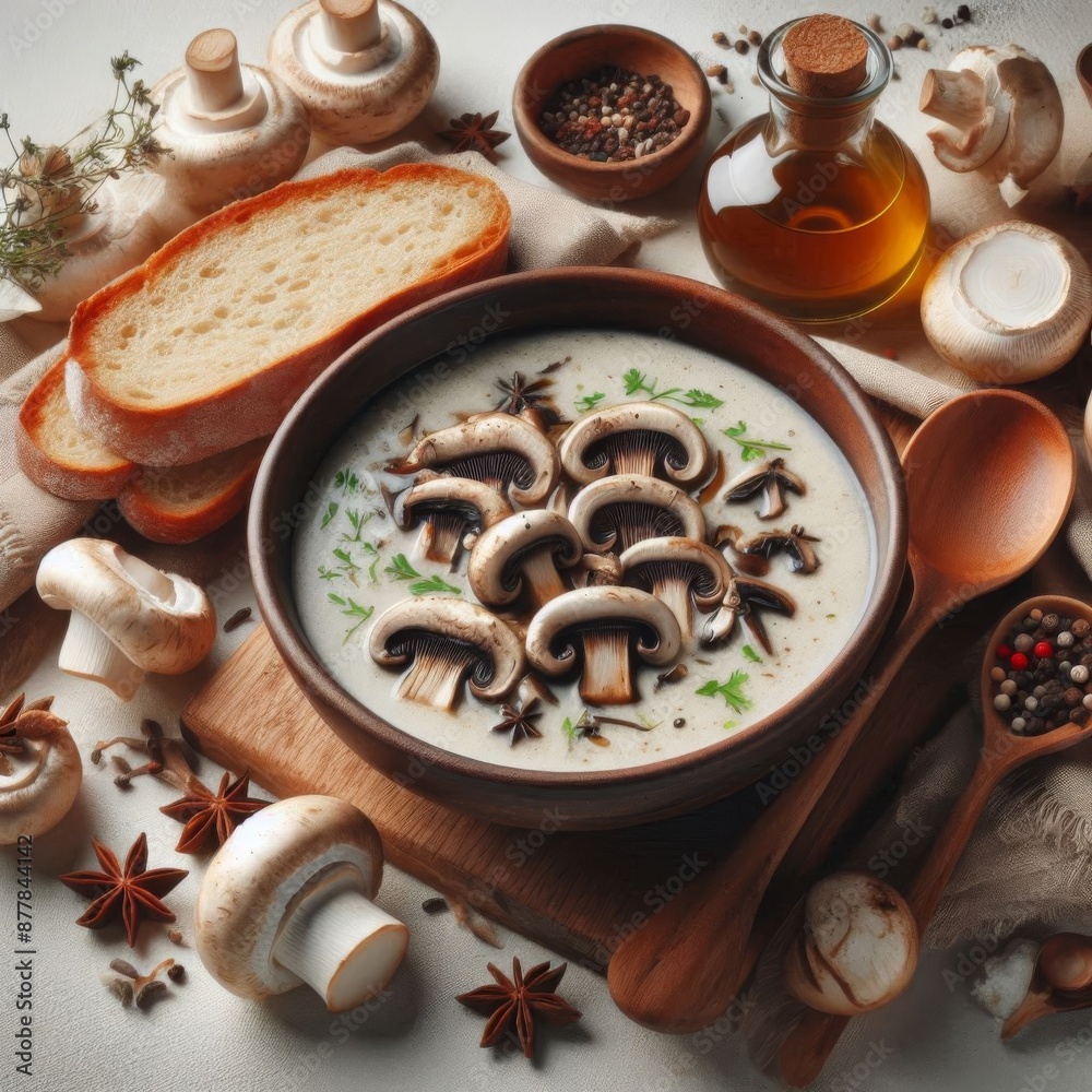 Mushroom soup and dry bread on white background, raw available Mushroom soup and dry bread on white background, raw available