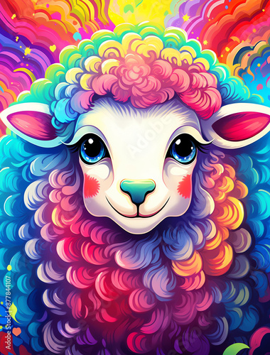 A cute sheep with rainbow colored wool, cartoon style, bright colors, colorful background