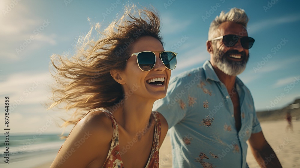 A joyful couple with sunglasses laughing and enjoying a sunny day at the beach. A joyful couple with sunglasses laughing and enjoying a sunny day at the beach.