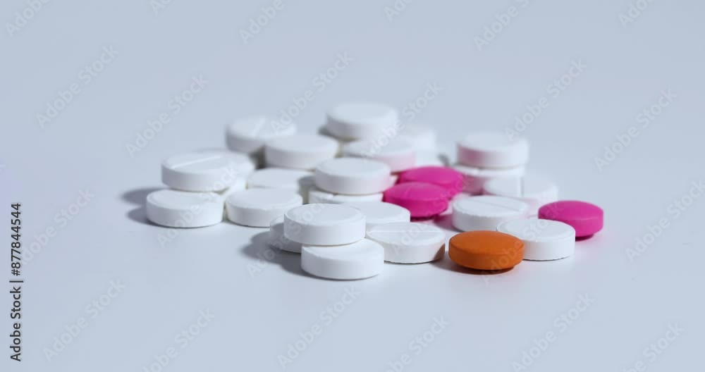 Close-up of human hand in blue glove separating pink and orange pills mixed with white pills on white table
