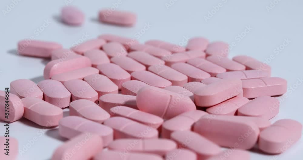 Lots of pink pills lying on white table. Focus shifting Lots of pink pills lying on white table. Focus shifting