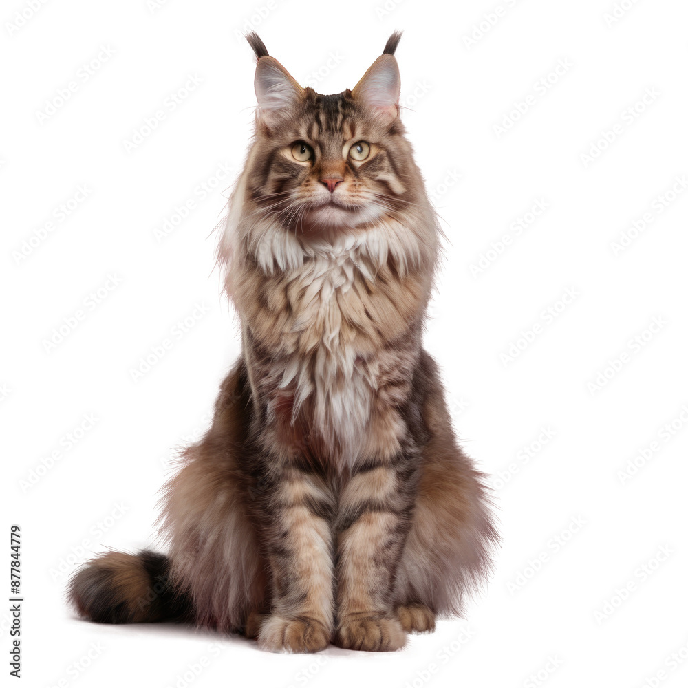Obraz premium Maine coon cat with long fur sitting and looking forward. Studio pet portrait isolated on transparent background. Feline and animal concept for design and print.