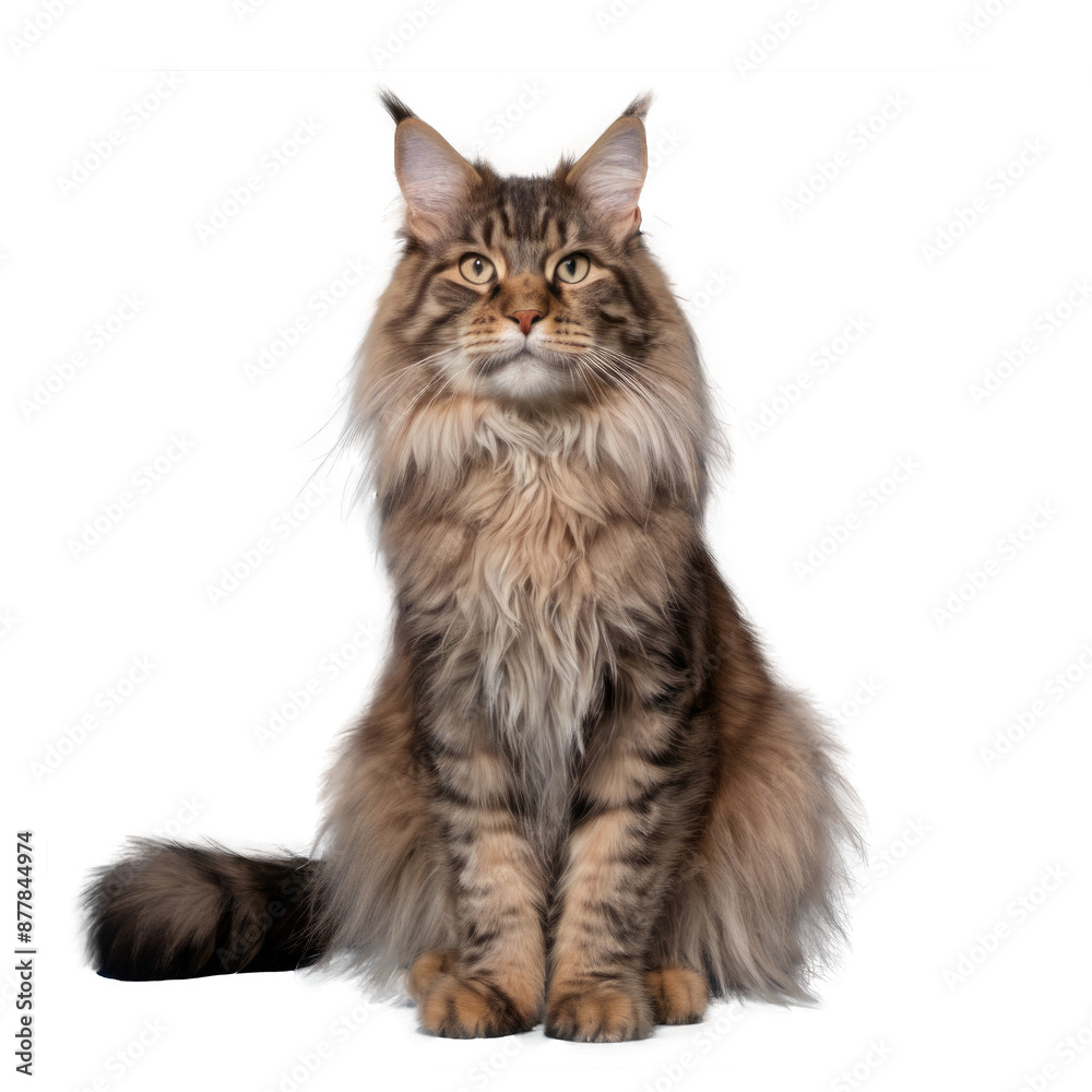 Obraz premium Maine coon cat with long fur sitting and looking forward. Studio pet portrait isolated on transparent background. Feline and animal concept for design and print.