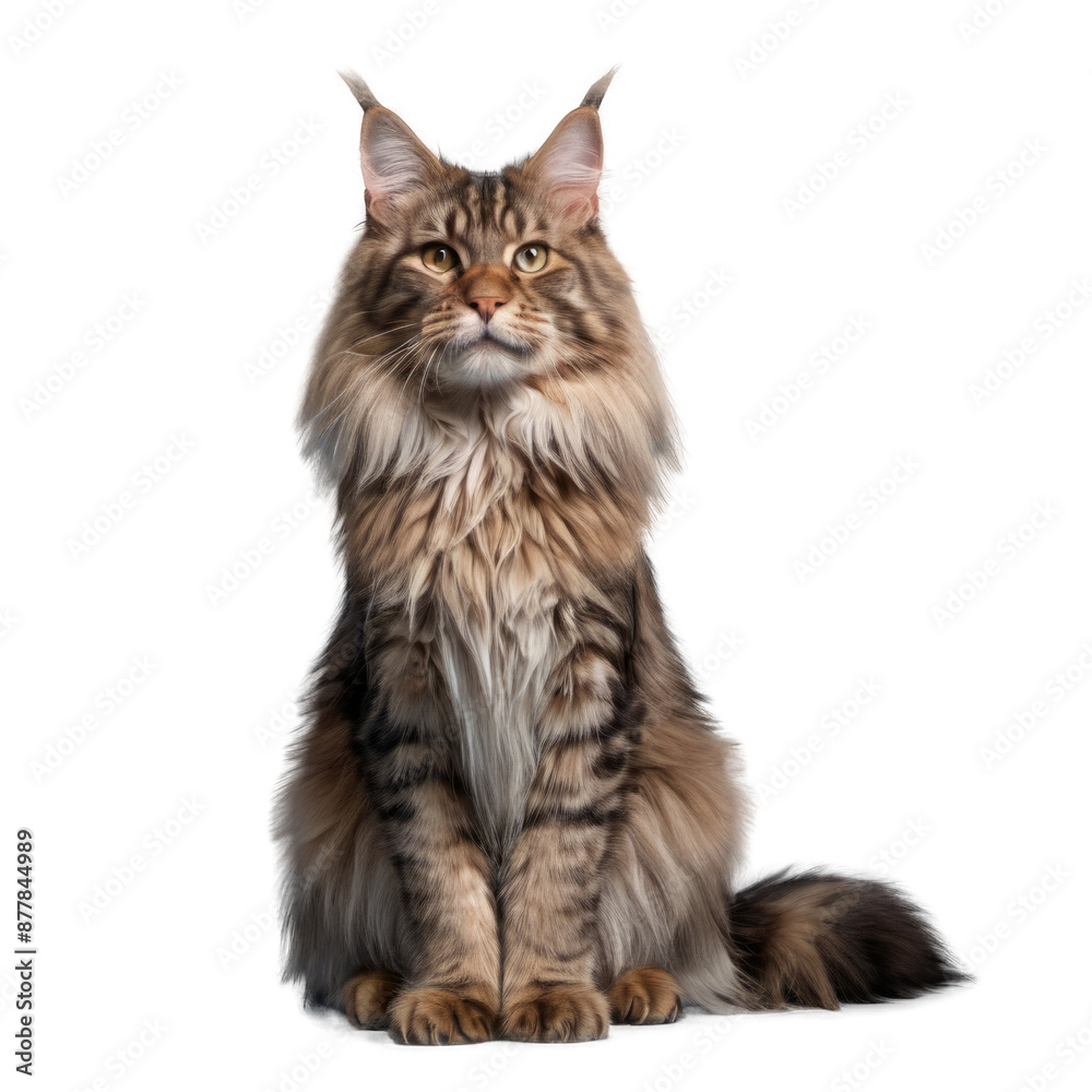 Obraz premium Maine coon cat with long fur sitting and looking forward. Studio pet portrait isolated on transparent background. Feline and animal concept for design and print.