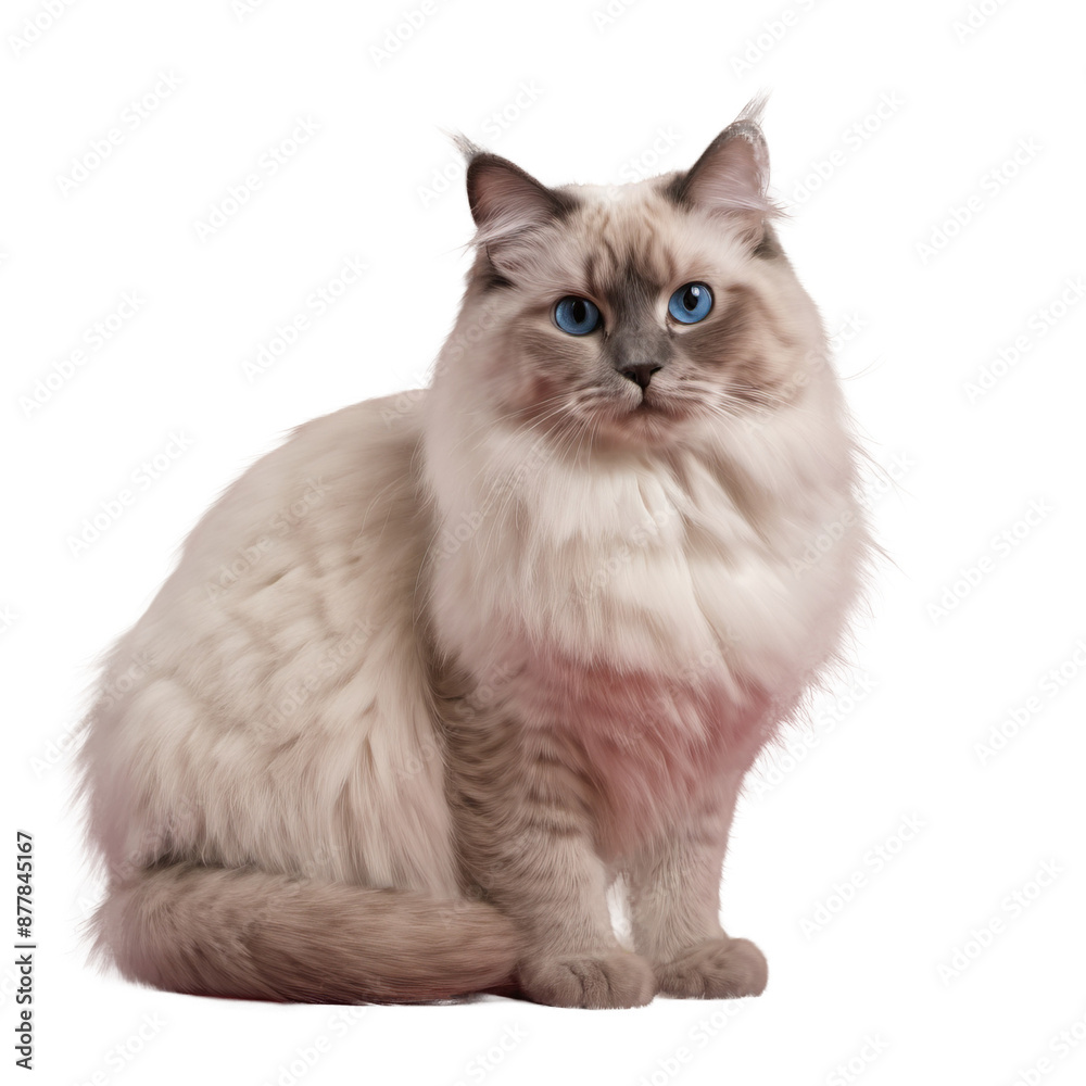 Fototapeta premium Ragdoll cat with long fur and blue eyes sitting and looking forward. Studio pet portrait isolated on transparent background. Feline and animal concept for design and print.