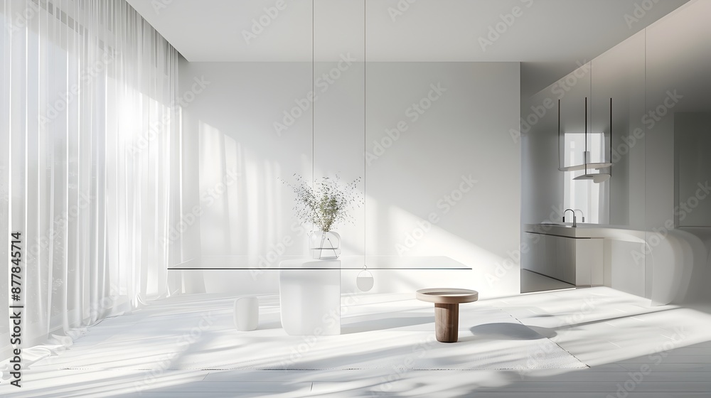 Minimalist Glass Dining Table in Bright White Room for Home Decor Mockup and Photography
