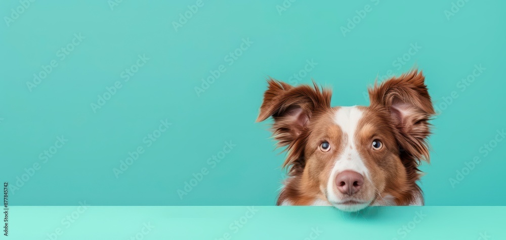 Adorable brown and white dog peeking over a teal table with a minimalist background. Cute pet portrait perfect for any animal lover. Adorable brown and white dog peeking over a teal table with a minimalist background. Cute pet portrait perfect for any animal lover.