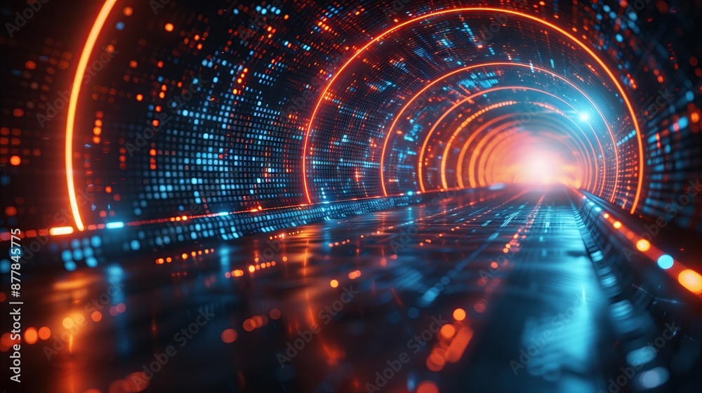 Obraz premium Particle tunnel, Server data center, Internet, Speed, Future big data high tech background, Science fiction virtual reality technology, Metaverse virtual space view