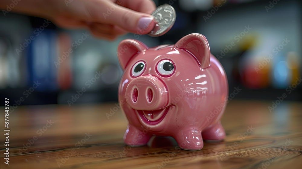 A hand drops coins into a pink piggy bank, symbolizing saving money and financial planning. A hand drops coins into a pink piggy bank, symbolizing saving money and financial planning.
