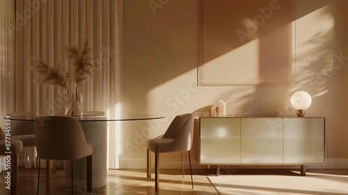 Minimalist Glass Sideboard in Cozy Dining Area,Home Decor Mockup