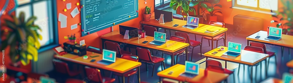 Fototapeta premium Empty classroom with colorful decor, wooden desks, laptops, chalkboard, books, and bright sunlight creating a cozy and vibrant learning environment.
