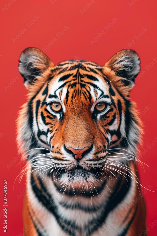 Fototapeta premium Close-up portrait of a majestic tiger against a solid orange background, showcasing its striking stripes and intense gaze.
