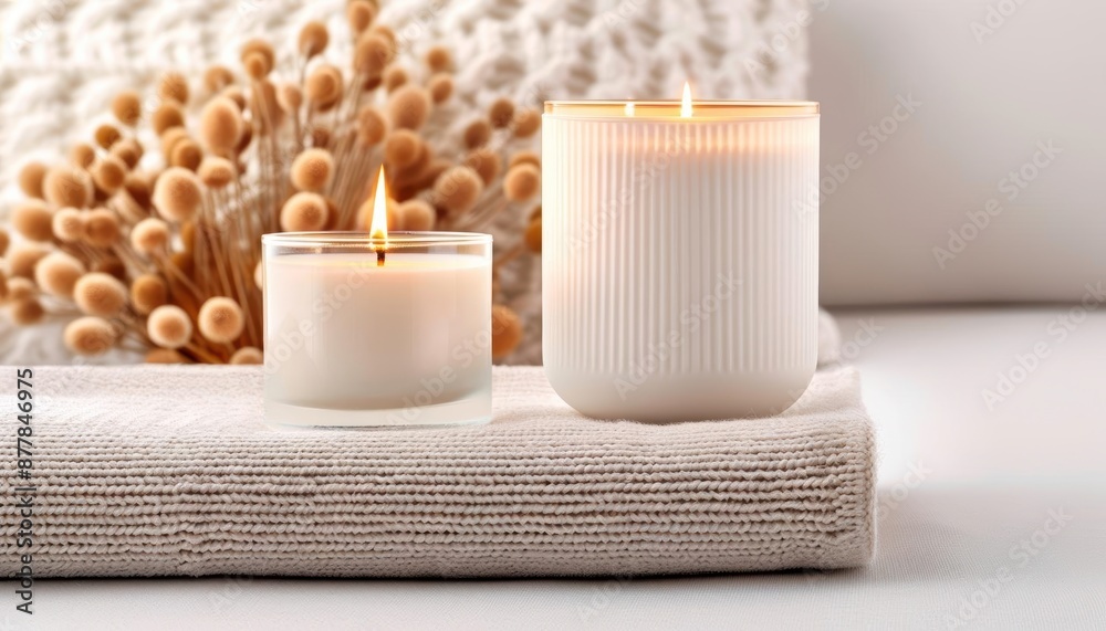 Cozy white candles lit on a textured surface with a soft background, creating a serene and relaxing atmosphere. Cozy white candles lit on a textured surface with a soft background, creating a serene and relaxing atmosphere.